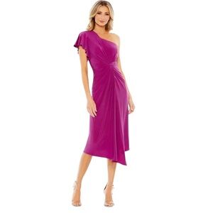 NWT Mac Duggal 12480 Women’s‎ One Shoulder Midi Length Dress Magenta Size 12
